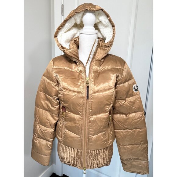 Quilted Gold Puff Jacket W/Hood Womens L True Religion Down & Feather Fill - Picture 11 of 16